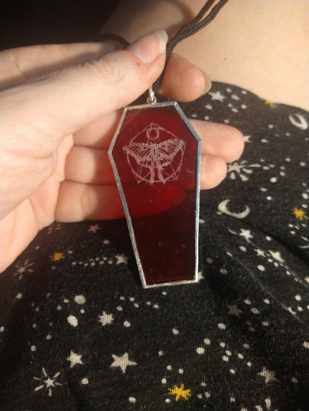 Red Coffin Shaped Stained Glass Pendant - Gothic Gargoyle